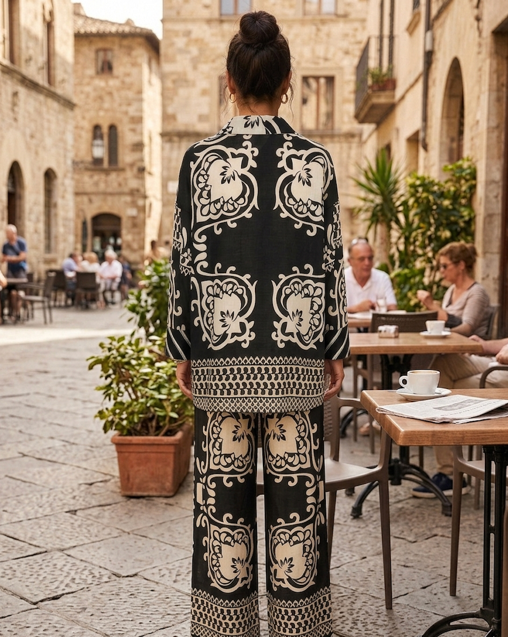 Black & Cream Baroque Print Shirt & Wide-Leg Pants Set