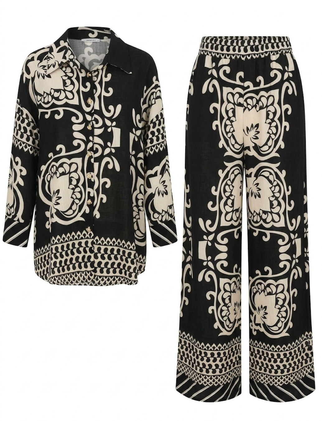 Black & Cream Baroque Print Shirt & Wide-Leg Pants Set