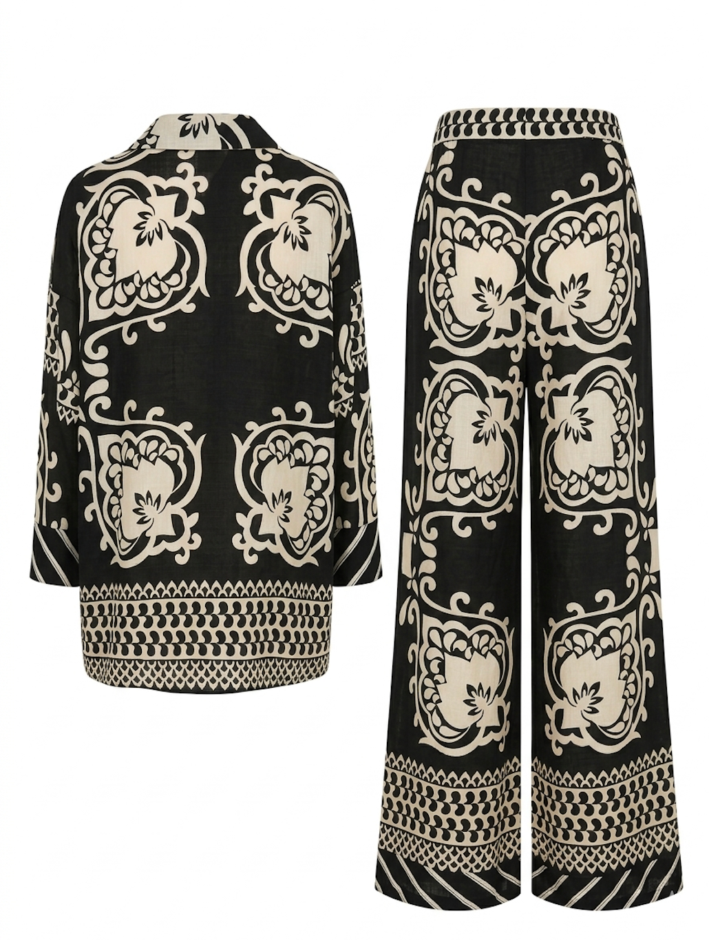 Black & Cream Baroque Print Shirt & Wide-Leg Pants Set