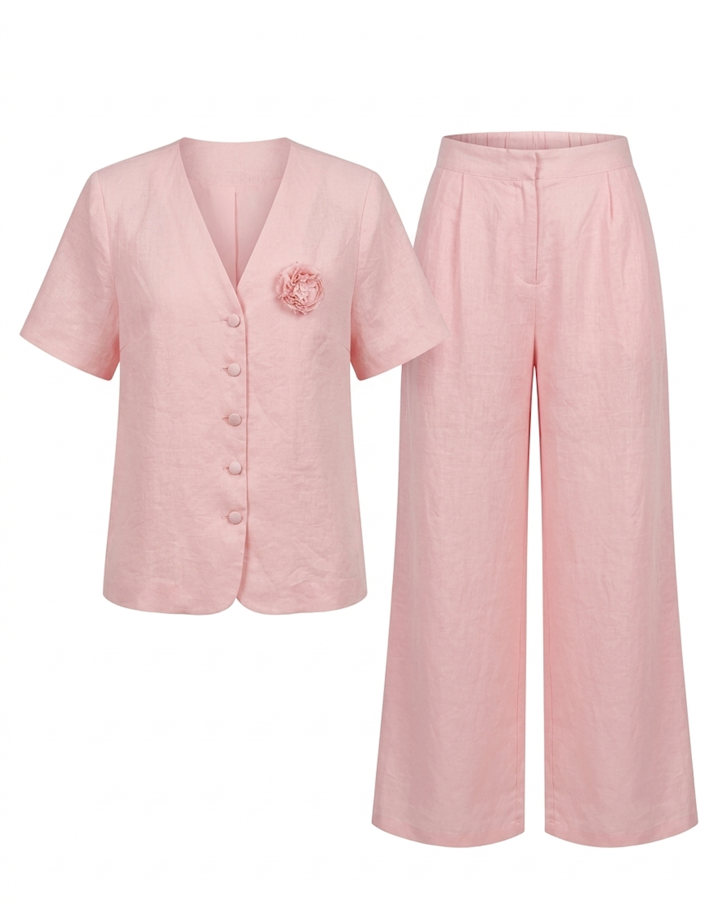 Soft Blush Linen Button-Up Top & Wide-Leg Pants Set with Floral Accent