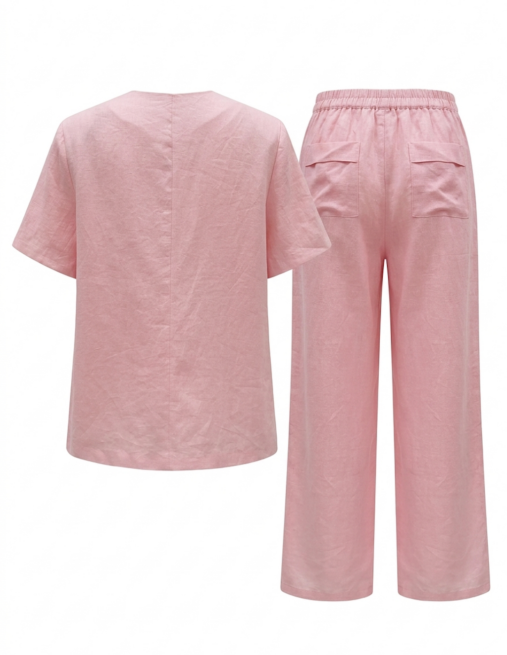Soft Blush Linen Button-Up Top & Wide-Leg Pants Set with Floral Accent