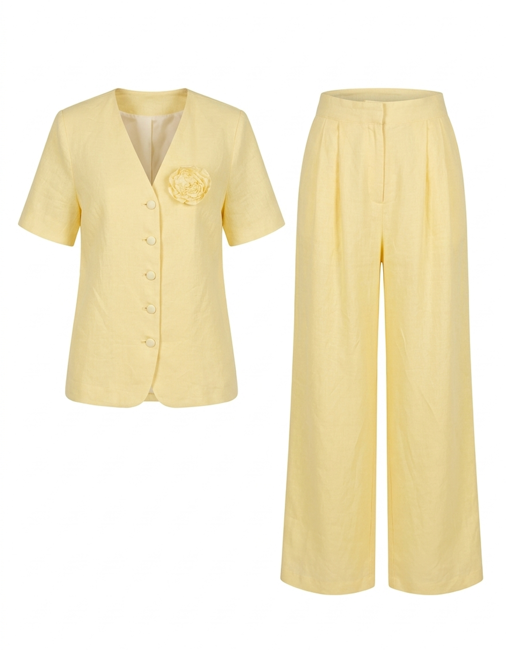 Soft Blush Linen Button-Up Top & Wide-Leg Pants Set with Floral Accent