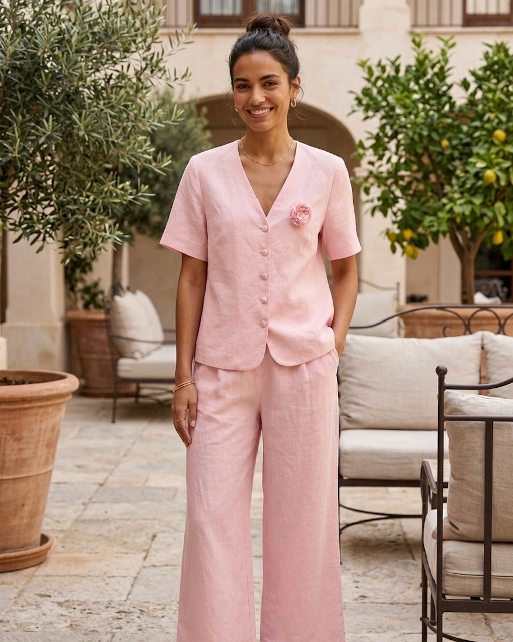 Soft Blush Linen Button-Up Top & Wide-Leg Pants Set with Floral Accent
