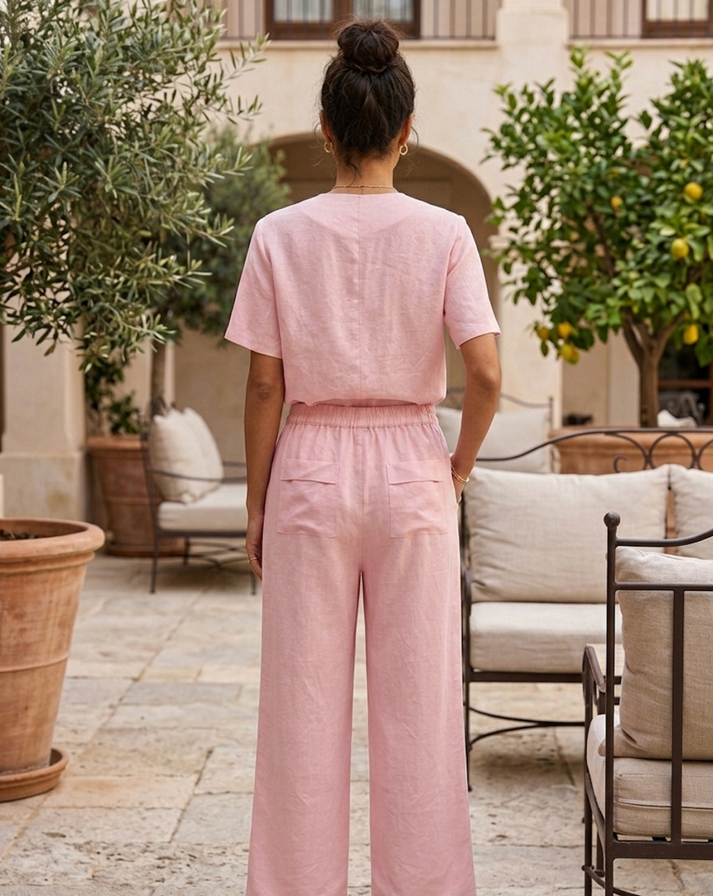 Soft Blush Linen Button-Up Top & Wide-Leg Pants Set with Floral Accent