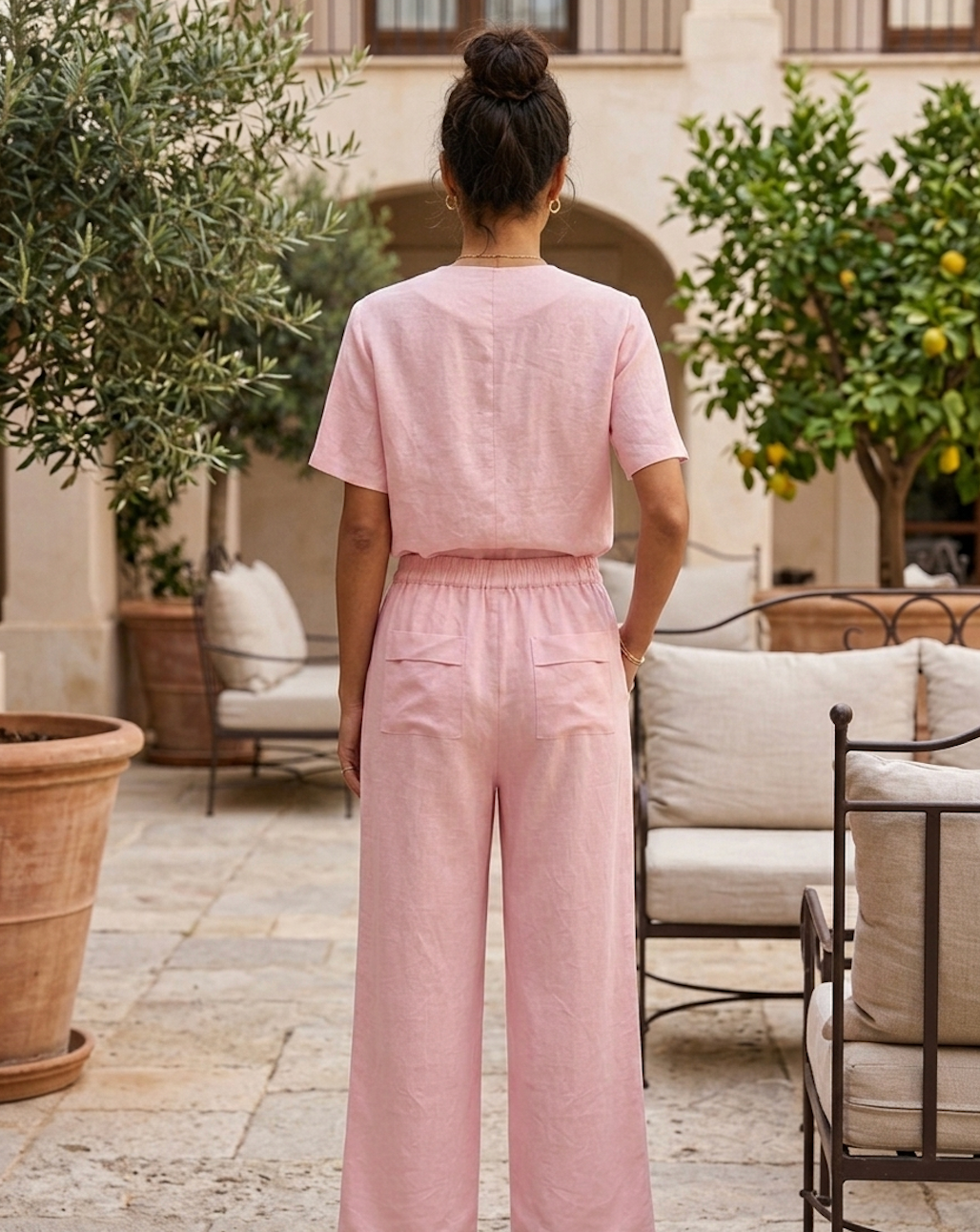 Soft Blush Linen Button-Up Top & Wide-Leg Pants Set with Floral Accent