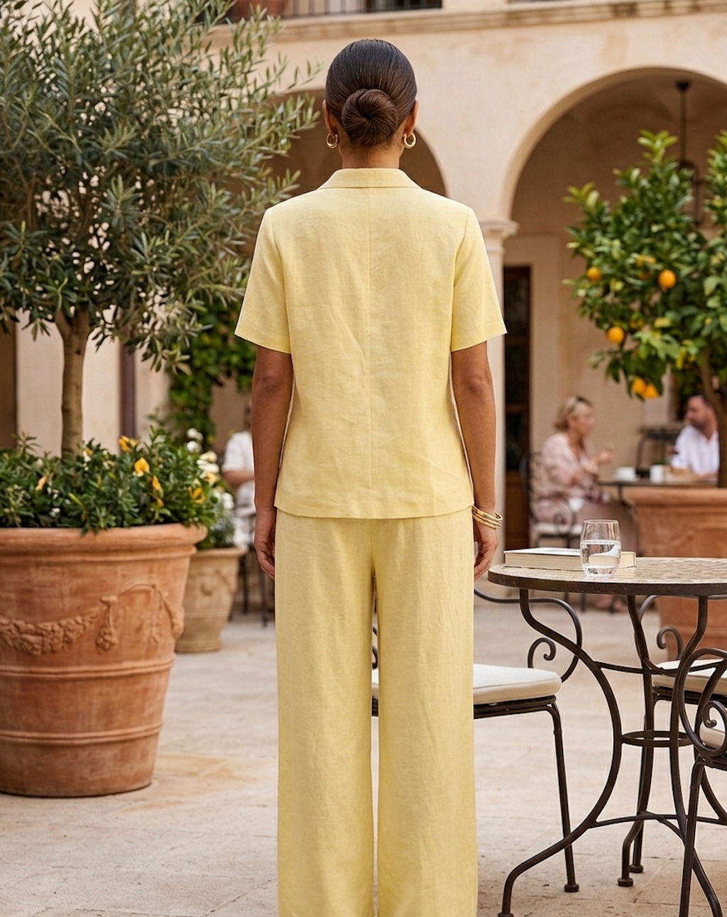 Soft Blush Linen Button-Up Top & Wide-Leg Pants Set with Floral Accent