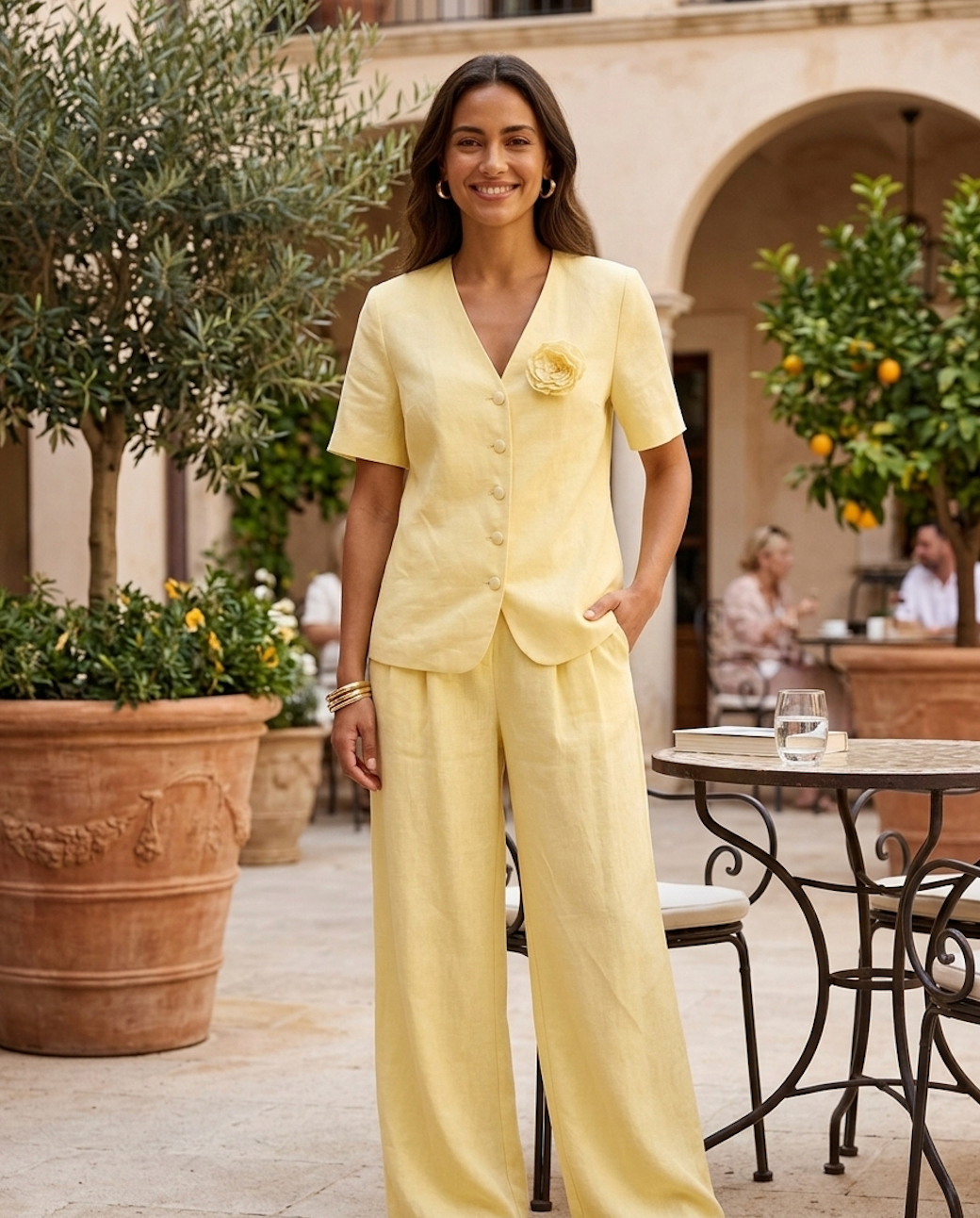 Soft Blush Linen Button-Up Top & Wide-Leg Pants Set with Floral Accent