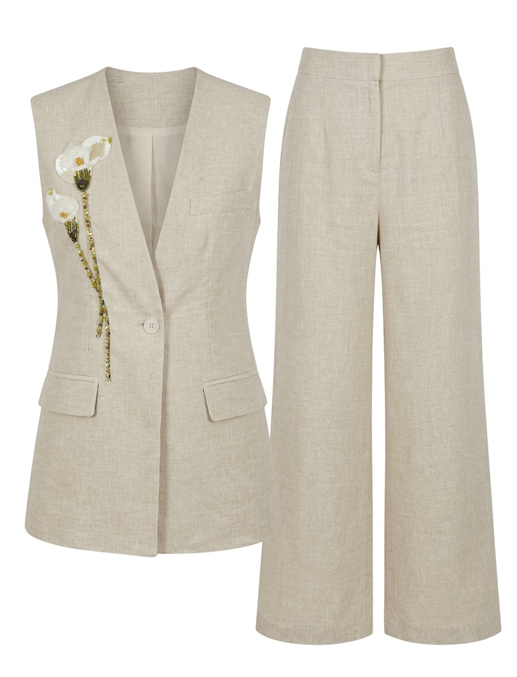 Beige Linen Vest & Wide-Leg Pants Set with Floral Embroidery
