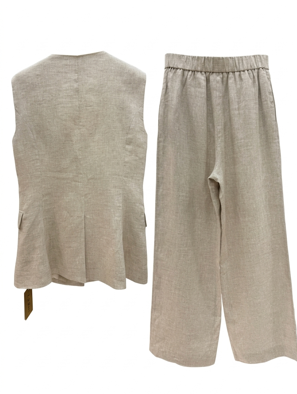 Beige Linen Vest & Wide-Leg Pants Set with Floral Embroidery