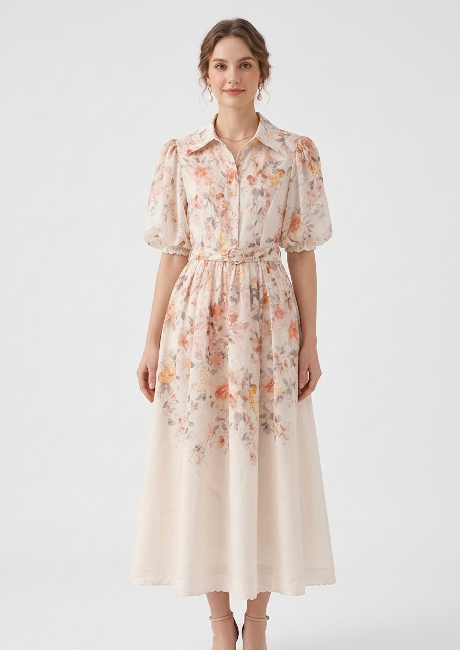 Floral Midi Shirt Dress with Belt – Soft Cream Vintage Print