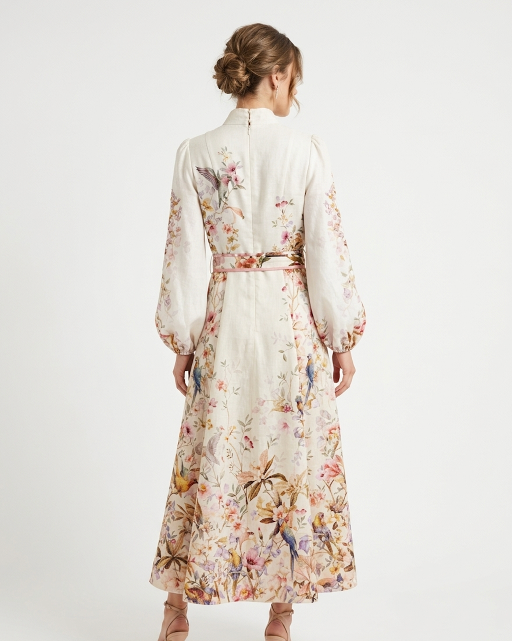 Floral Bird Print Midi Dress with Sash Belt – Elegant Cream Statement Dress