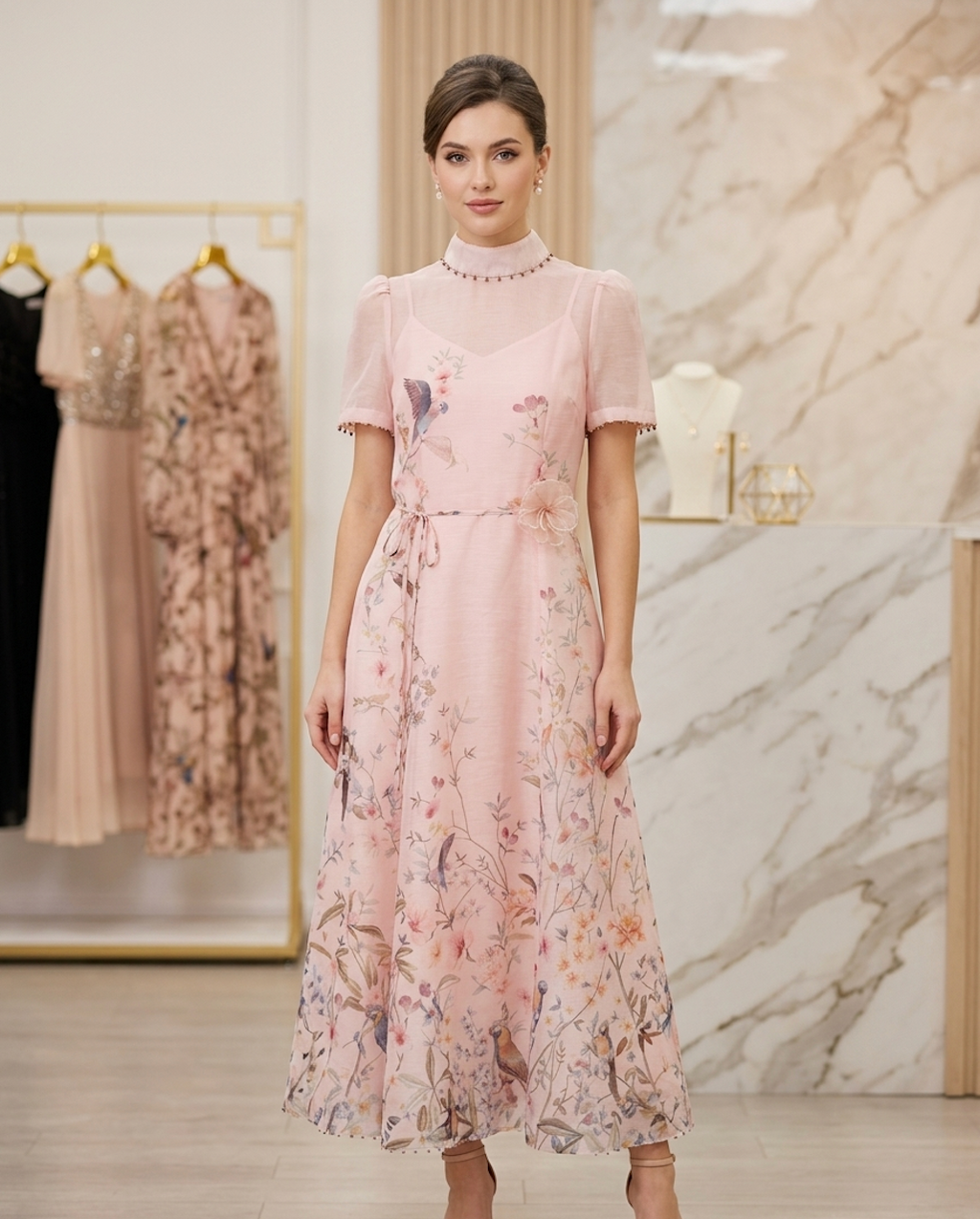 Blush Pink Floral Midi Dress with Sheer Overlay – Elegant Bird Print