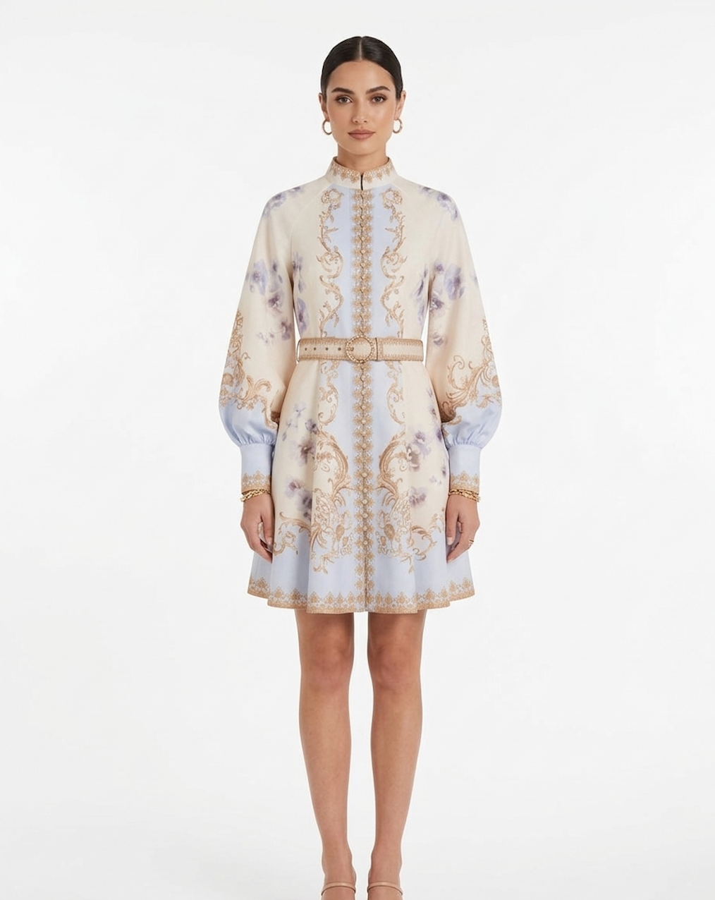 Ornate Baroque Print Mini Dress with Belt – Ivory & Blue Elegance