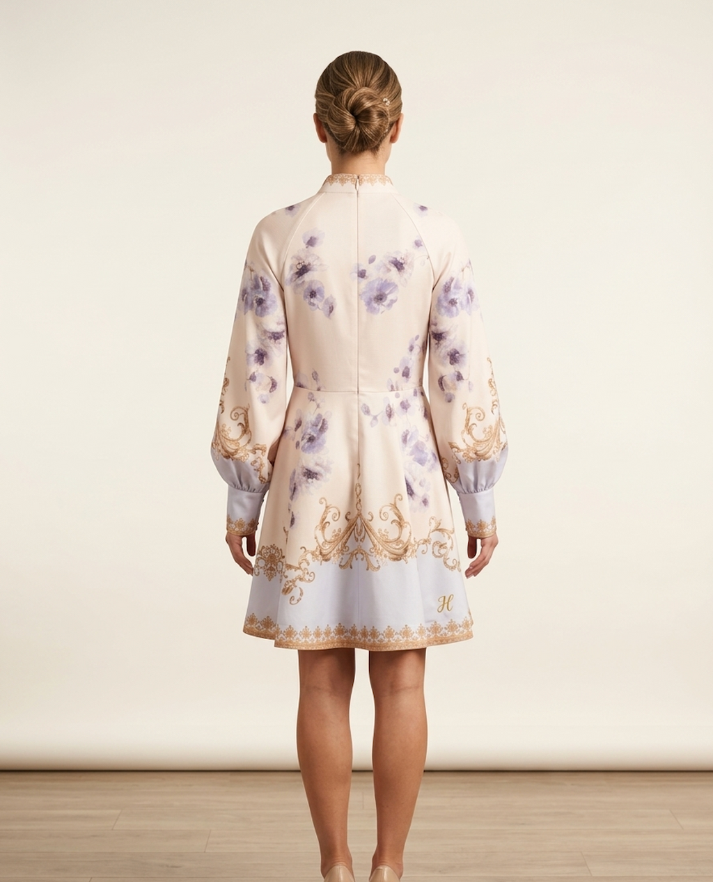 Ornate Baroque Print Mini Dress with Belt – Ivory & Blue Elegance
