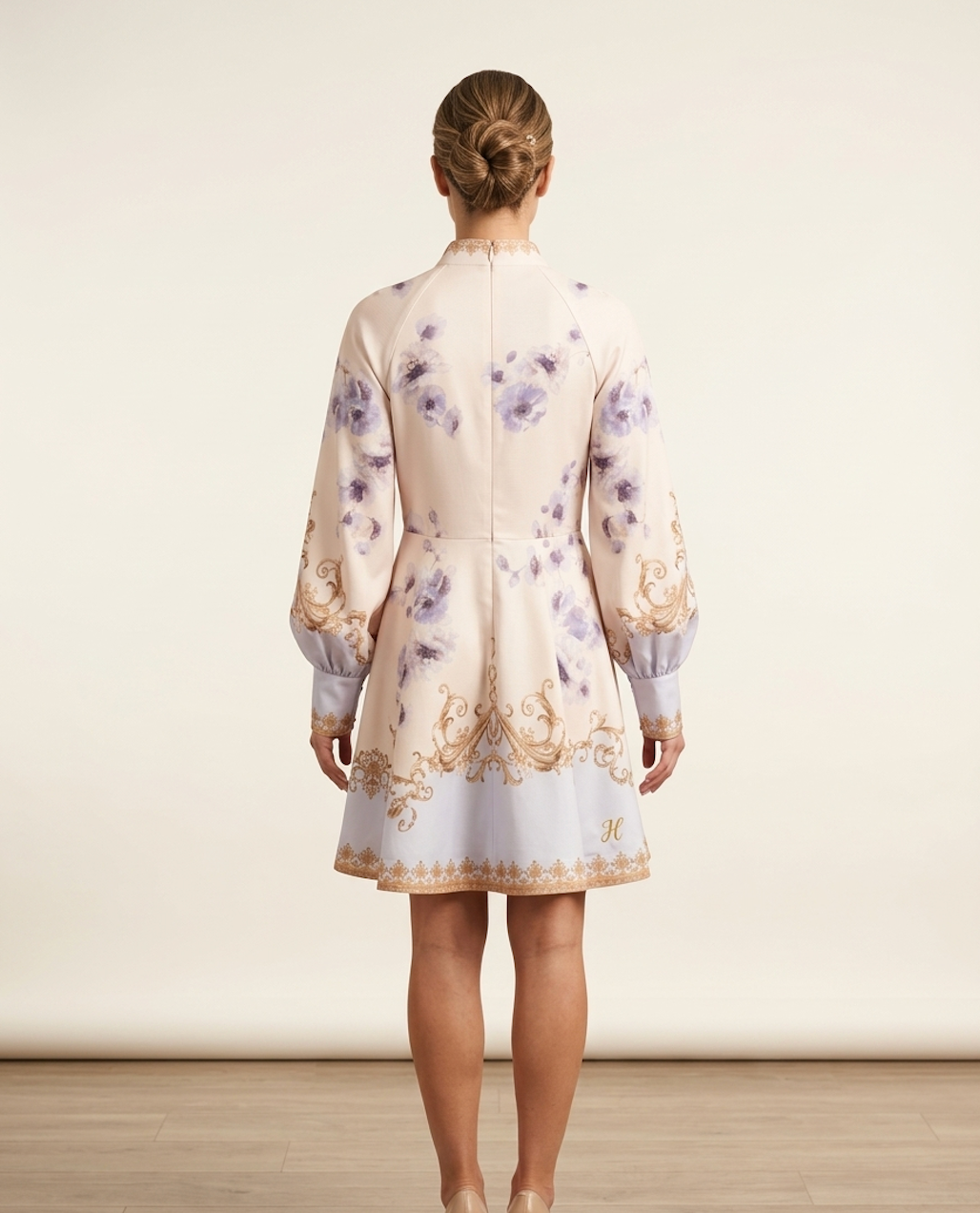 Ornate Baroque Print Mini Dress with Belt – Ivory & Blue Elegance