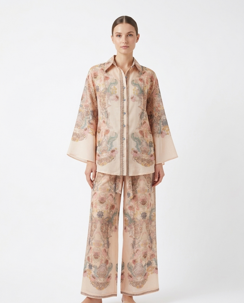 Vintage Ornamental Print Co-Ord Set – Shirt & Wide-Leg Pants Ensemble