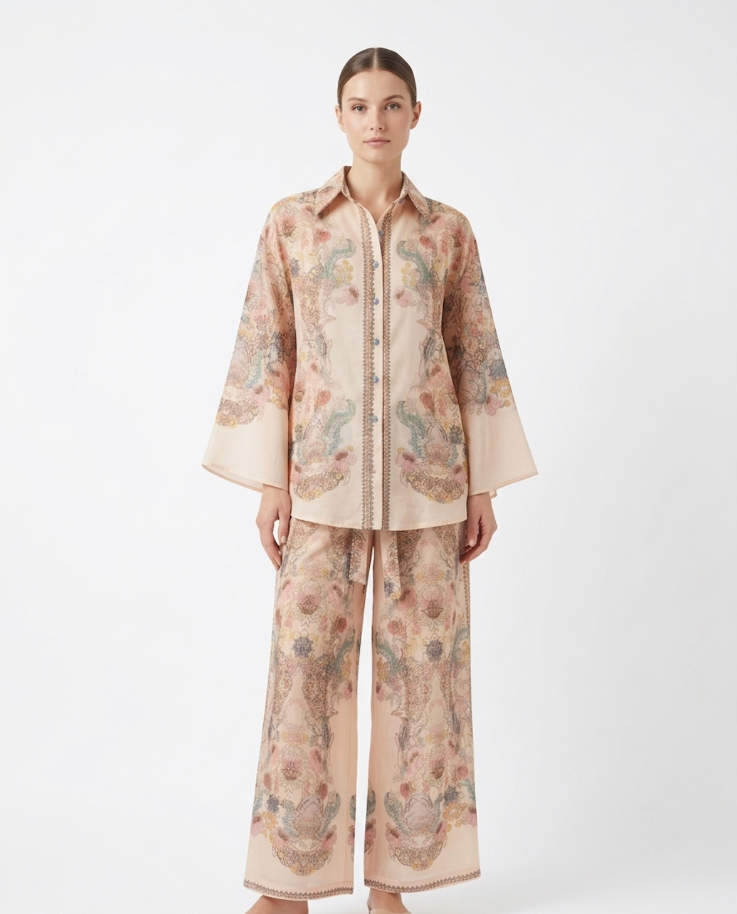 Vintage Ornamental Print Co-Ord Set – Shirt & Wide-Leg Pants Ensemble