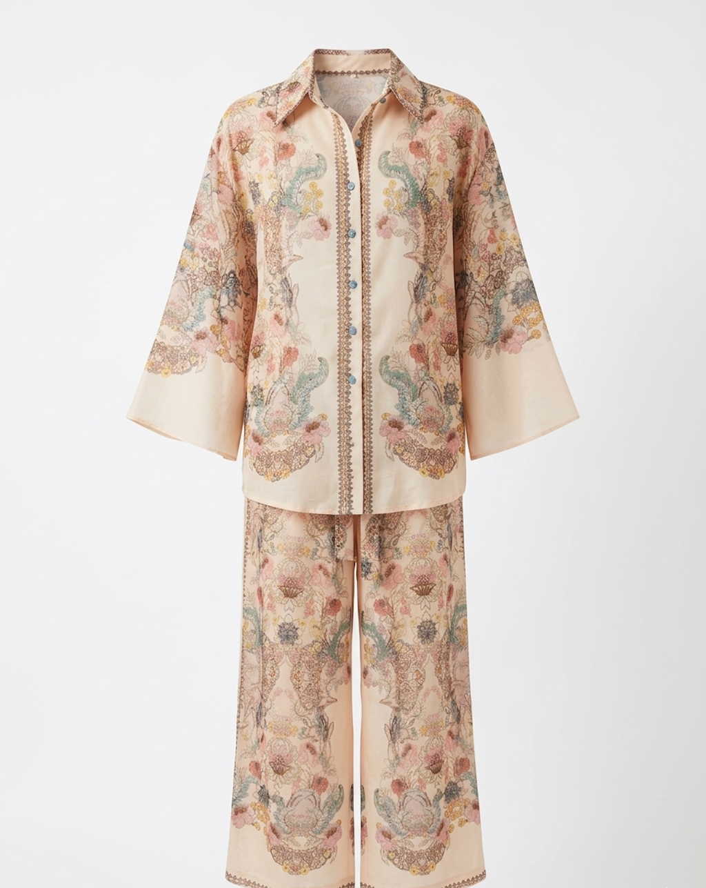 Vintage Ornamental Print Co-Ord Set – Shirt & Wide-Leg Pants Ensemble