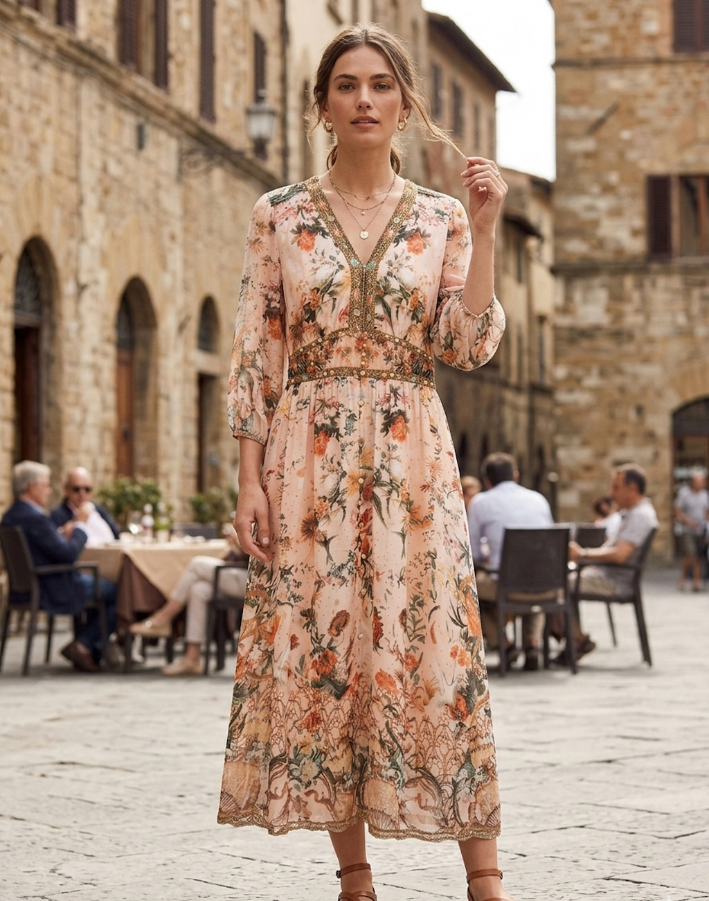 Bohemian Floral Print Maxi Dress with Embellished Waist