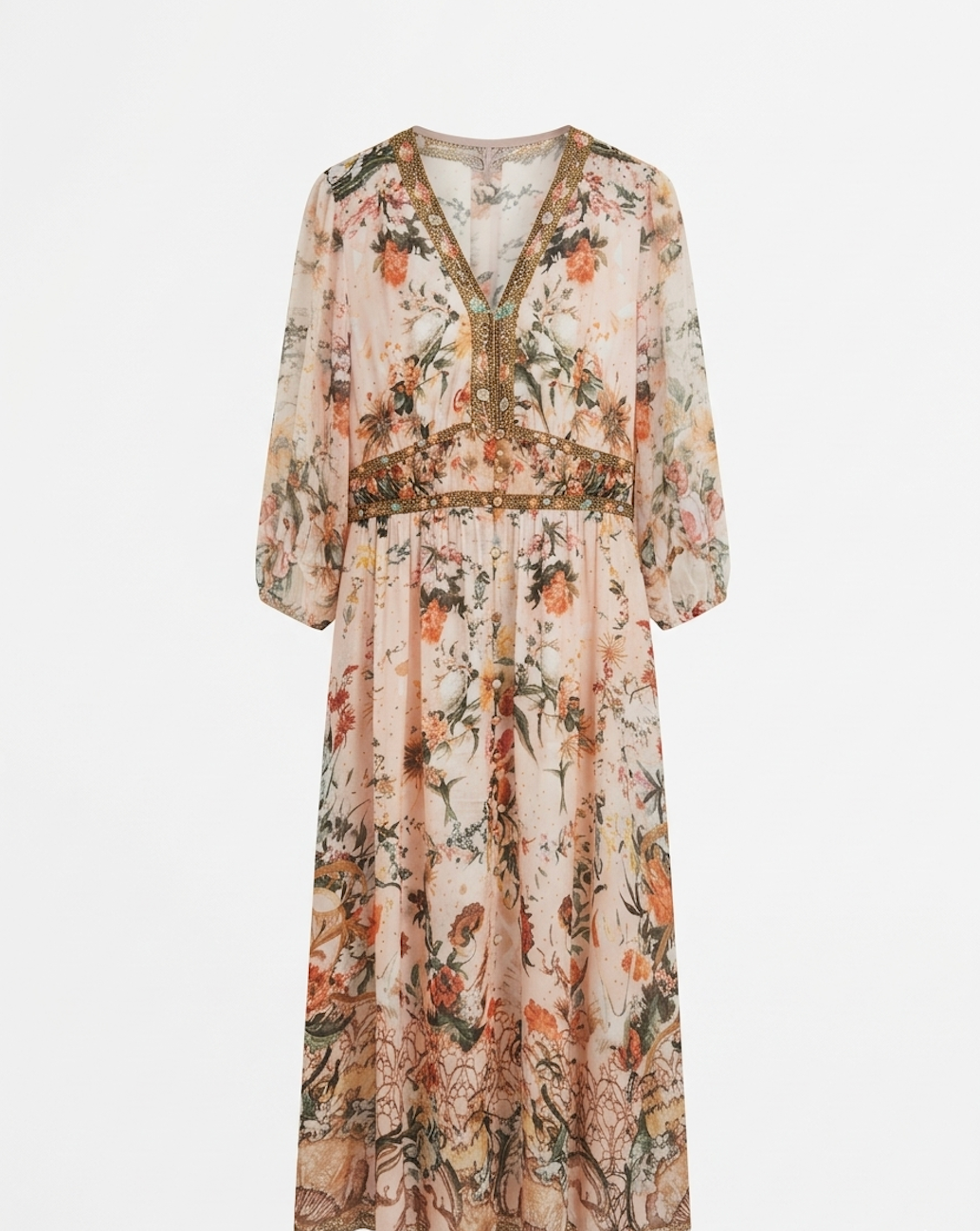 Bohemian Floral Print Maxi Dress with Embellished Waist