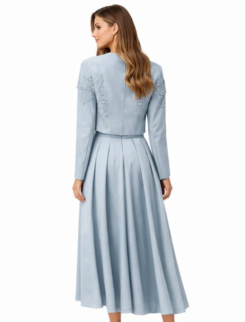 Elegant Embroidered Cropped Jacket & Pleated Midi Skirt Set – Powder Blue