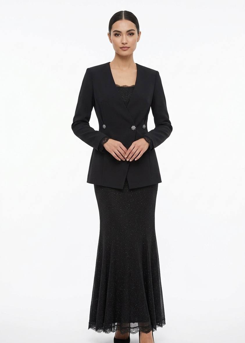 Elegant Black Glitter Mermaid Dress with Tailored Blazer Set