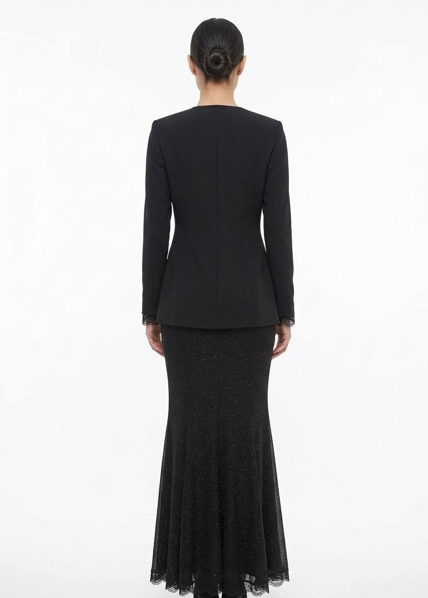 Elegant Black Glitter Mermaid Dress with Tailored Blazer Set