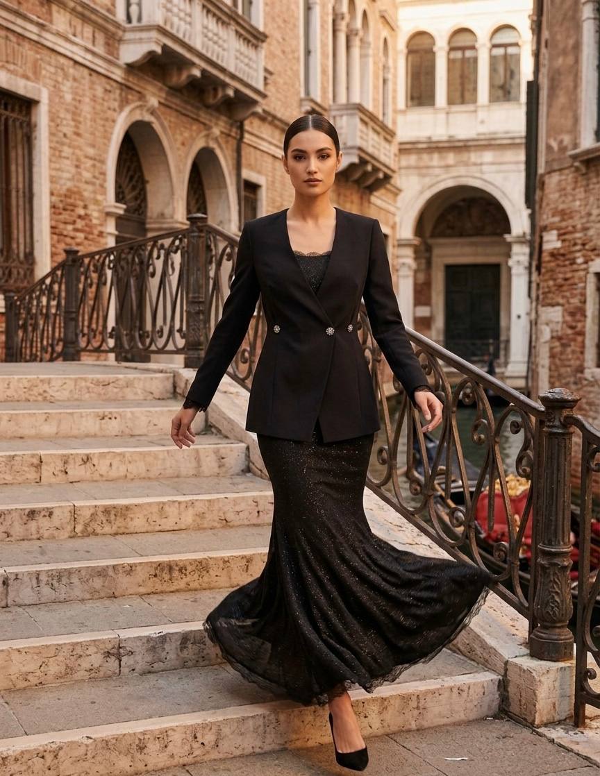 Elegant Black Glitter Mermaid Dress with Tailored Blazer Set