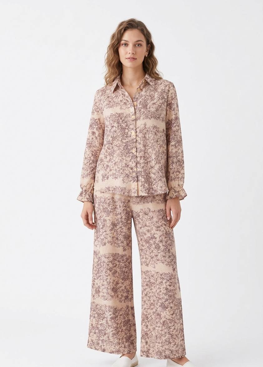 Beige Toile Print Blouse & Wide-Leg Pants Set