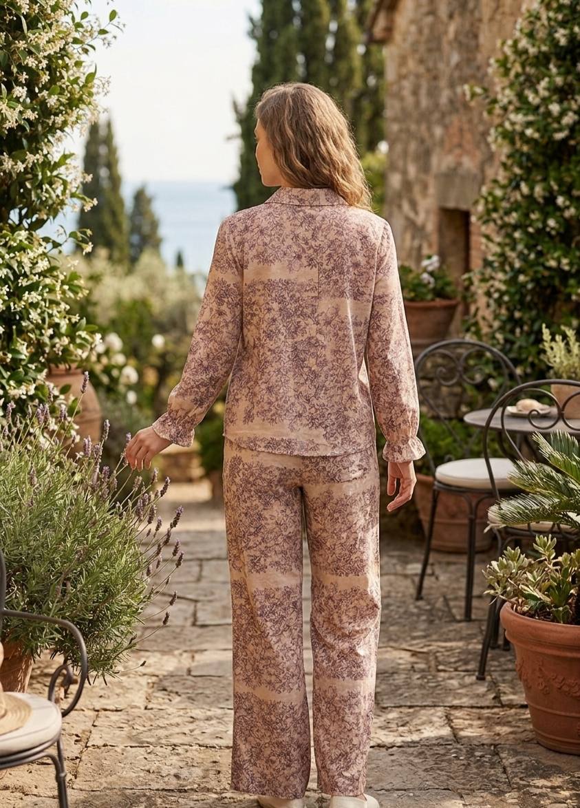 Beige Toile Print Blouse & Wide-Leg Pants Set