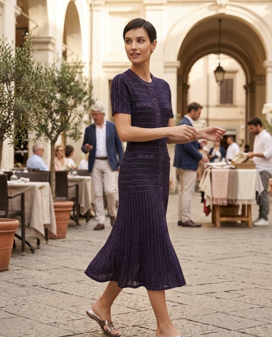 Navy Shimmer Knit Midi Dress with Flared Skirt Hem