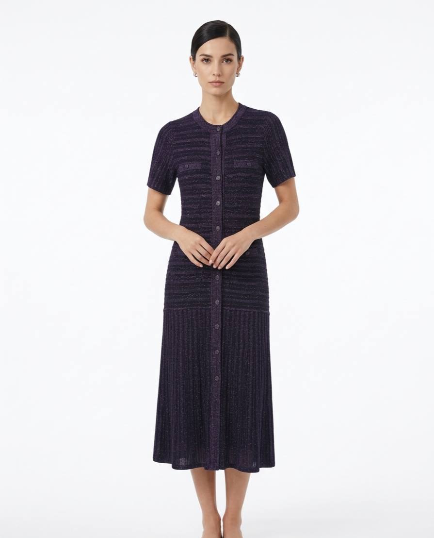 Navy Shimmer Knit Midi Dress with Flared Skirt Hem