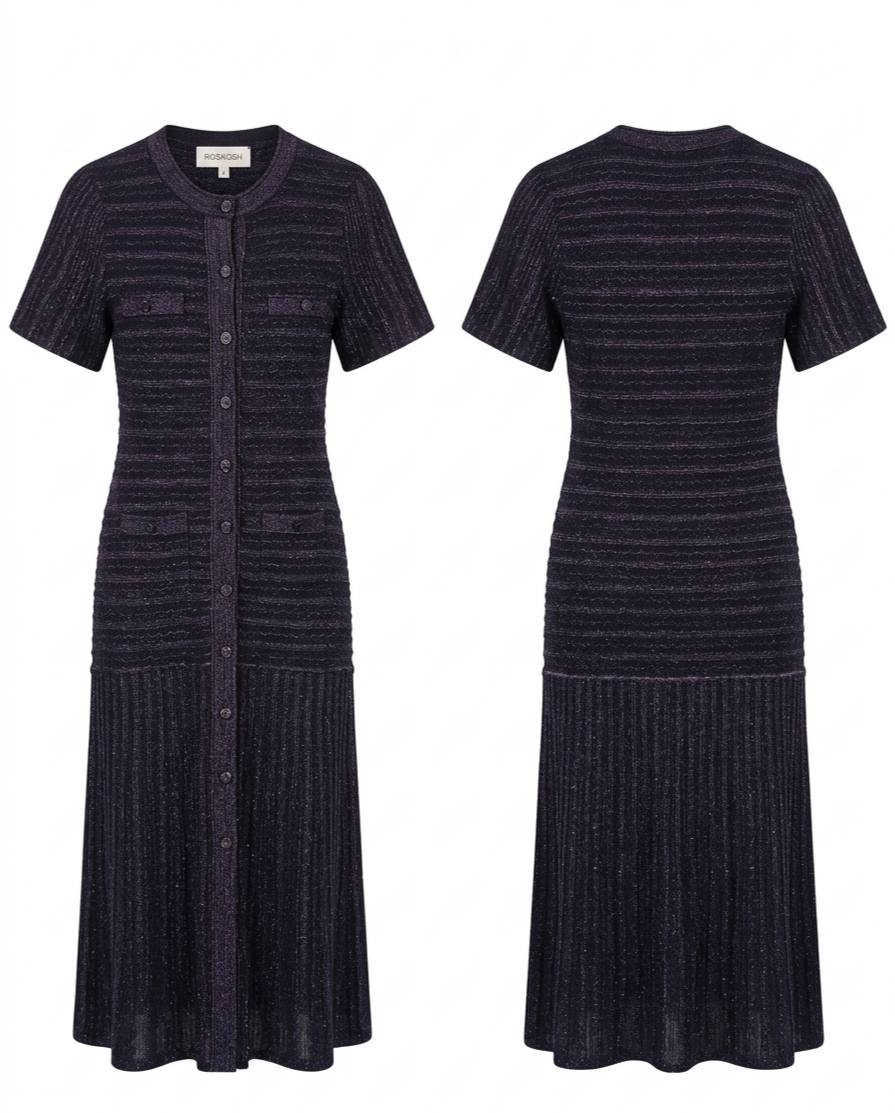 Navy Shimmer Knit Midi Dress with Flared Skirt Hem