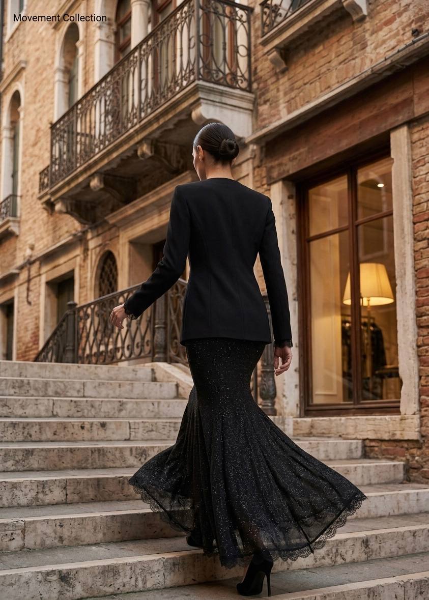 Elegant Black Glitter Mermaid Dress with Tailored Blazer Set
